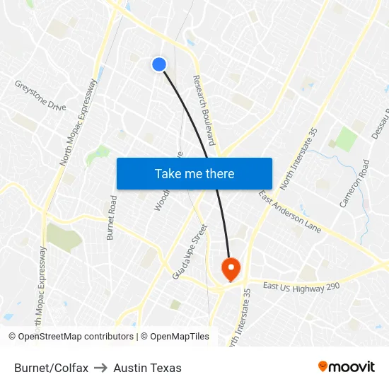 Burnet/Colfax to Austin Texas map