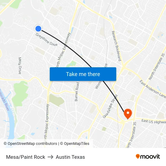 Mesa/Paint Rock to Austin Texas map