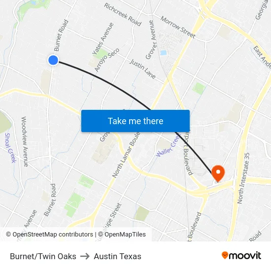 Burnet/Twin Oaks to Austin Texas map