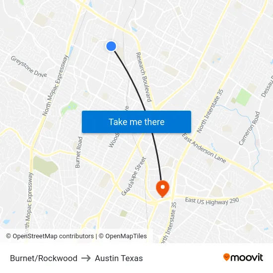 Burnet/Rockwood to Austin Texas map