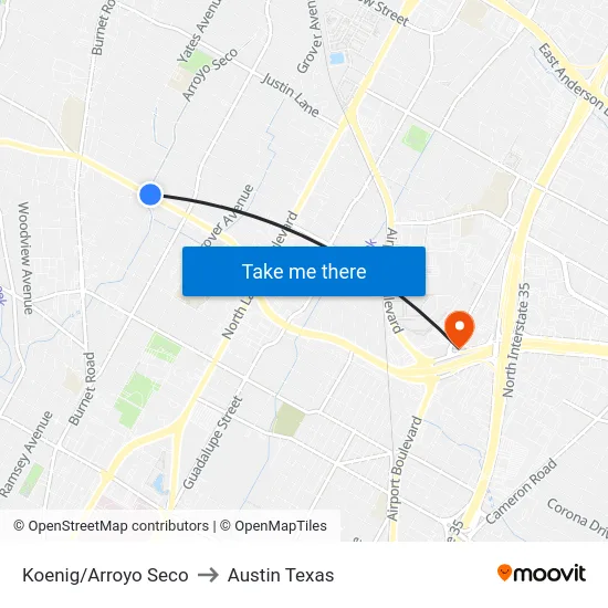 Koenig/Arroyo Seco to Austin Texas map