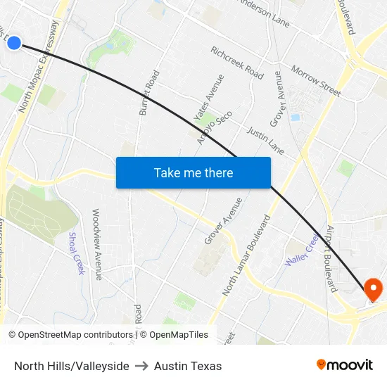 North Hills/Valleyside to Austin Texas map