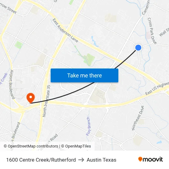 1600 Centre Creek/Rutherford to Austin Texas map