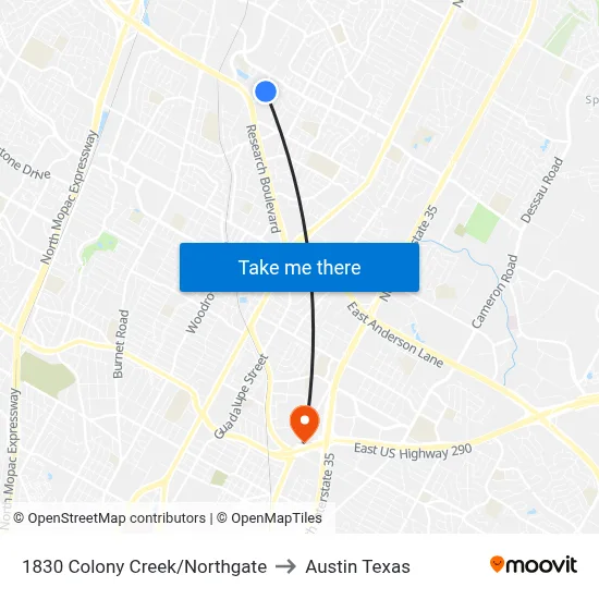 1830 Colony Creek/Northgate to Austin Texas map