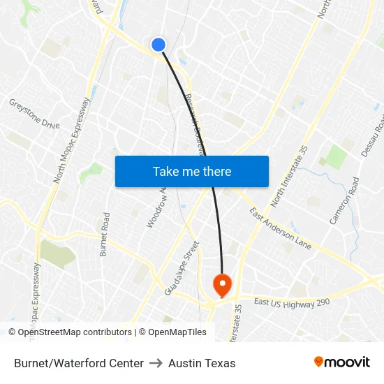 Burnet/Waterford Center to Austin Texas map