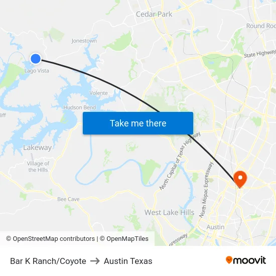 Bar K Ranch/Coyote to Austin Texas map