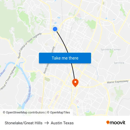 Stonelake/Great Hills to Austin Texas map