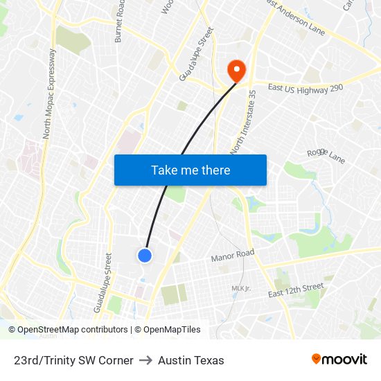 23rd/Trinity SW Corner to Austin Texas map