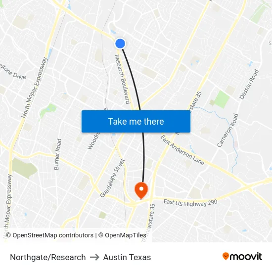 Northgate/Research to Austin Texas map