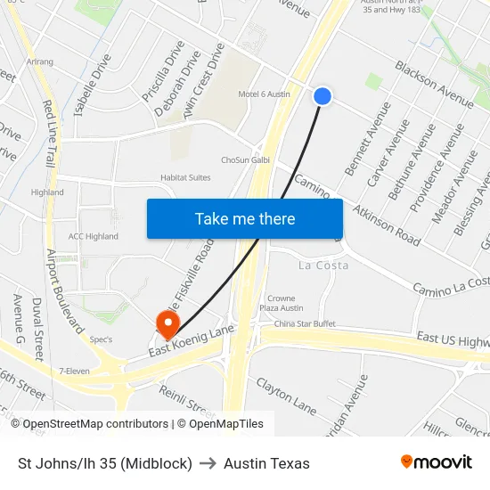 St Johns/Ih 35 (Midblock) to Austin Texas map