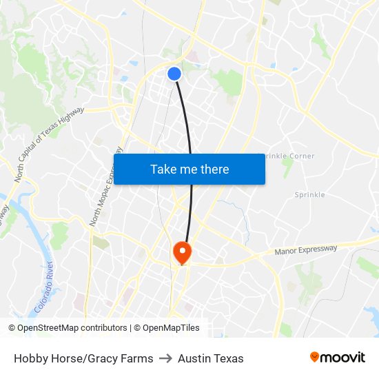 Hobby Horse/Gracy Farms to Austin Texas map