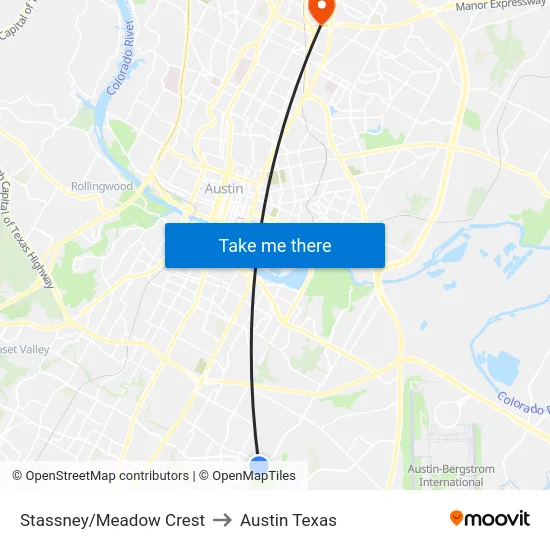 Stassney/Meadow Crest to Austin Texas map