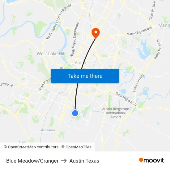 Blue Meadow/Granger to Austin Texas map