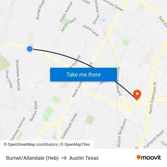 Burnet/Allandale (Heb) to Austin Texas map