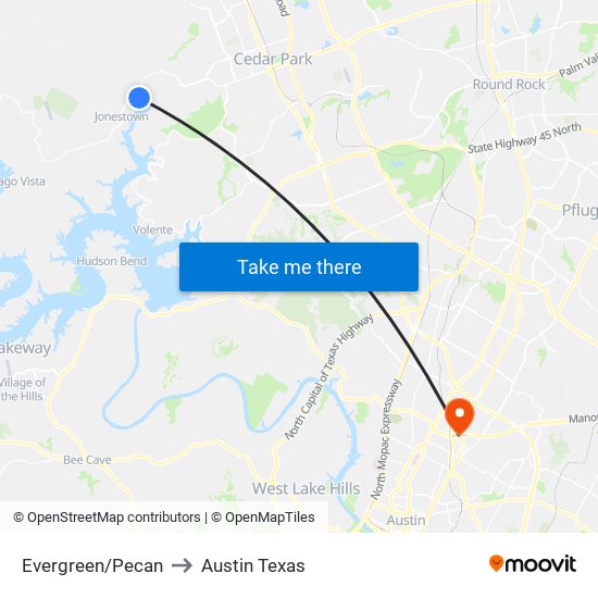 Evergreen/Pecan to Austin Texas map