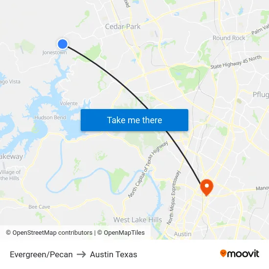 Evergreen/Pecan to Austin Texas map
