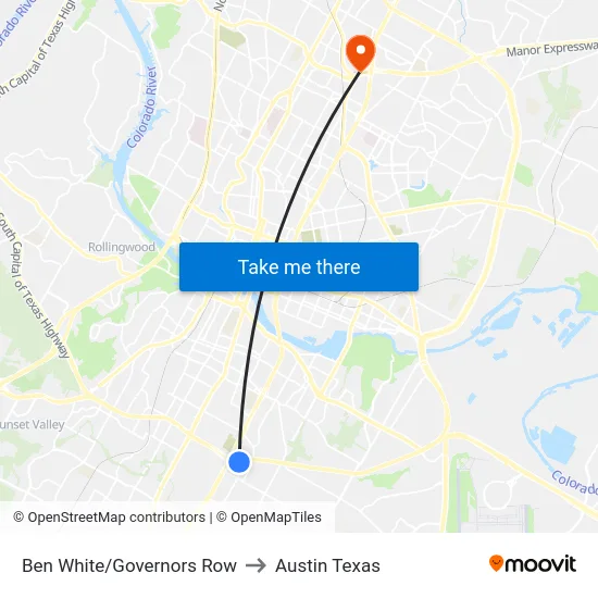 Ben White/Governors Row to Austin Texas map