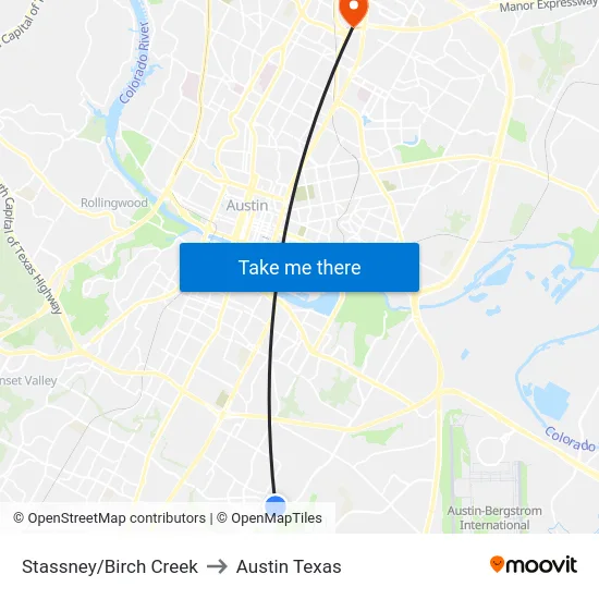 Stassney/Birch Creek to Austin Texas map