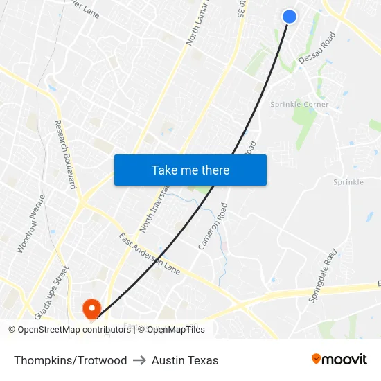 Thompkins/Trotwood to Austin Texas map