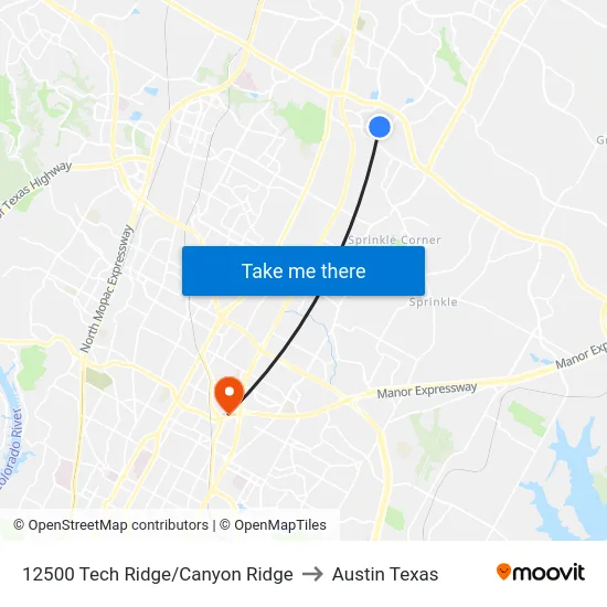 12500 Tech Ridge/Canyon Ridge to Austin Texas map