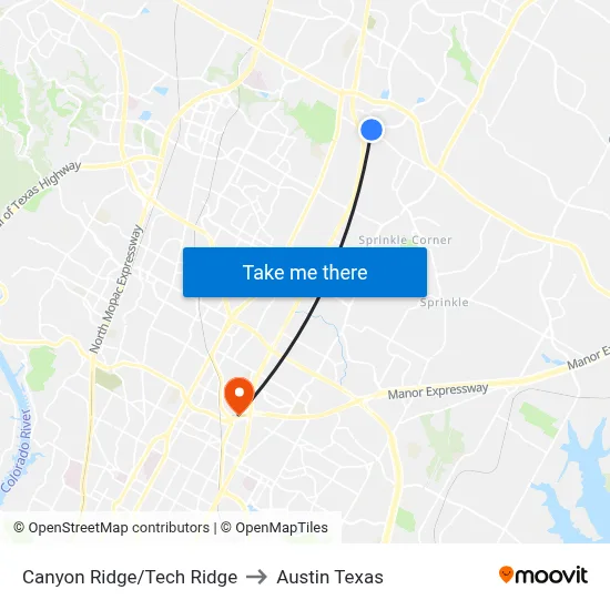 Canyon Ridge/Tech Ridge to Austin Texas map