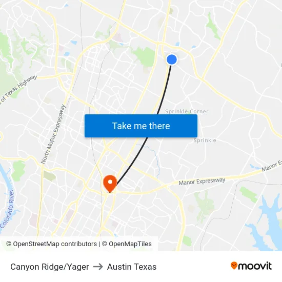 Canyon Ridge/Yager to Austin Texas map