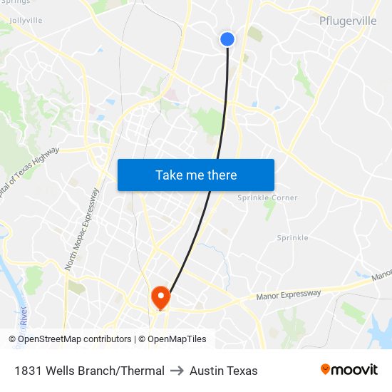 1831 Wells Branch/Thermal to Austin Texas map