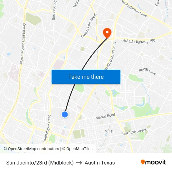 San Jacinto/23rd (Midblock) to Austin Texas map