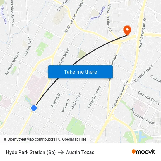 Hyde Park Station (Sb) to Austin Texas map