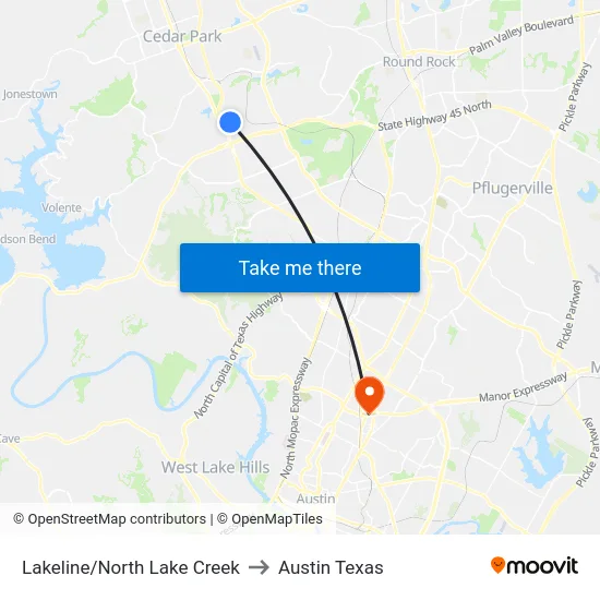 Lakeline/North Lake Creek to Austin Texas map