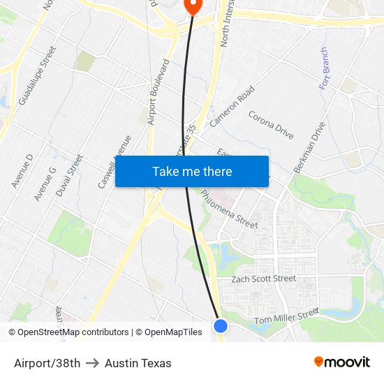 Airport/38th to Austin Texas map
