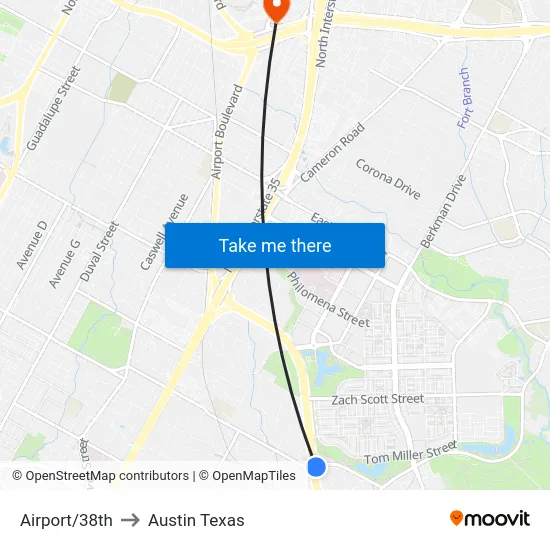 Airport/38th to Austin Texas map