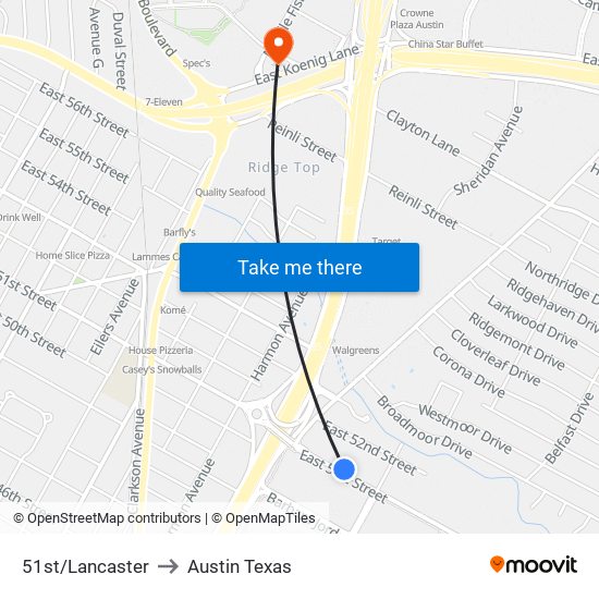 51st/Lancaster to Austin Texas map