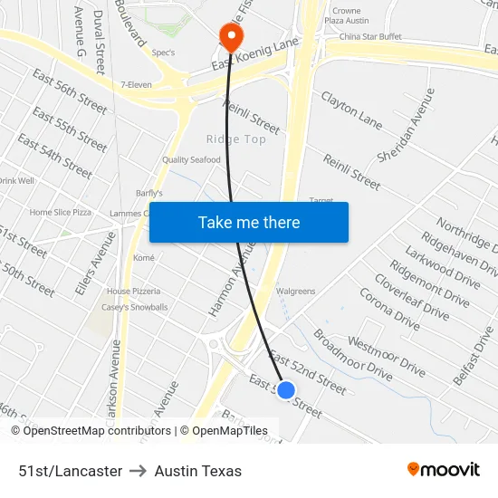 51st/Lancaster to Austin Texas map