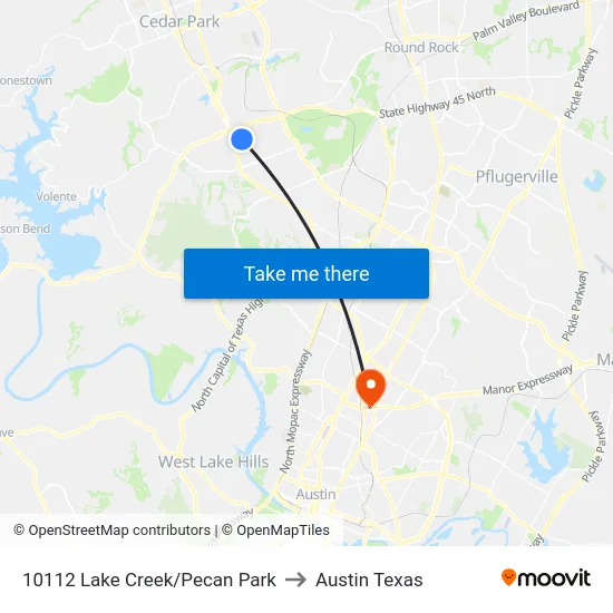 10112 Lake Creek/Pecan Park to Austin Texas map
