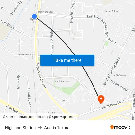 Highland Station to Austin Texas map