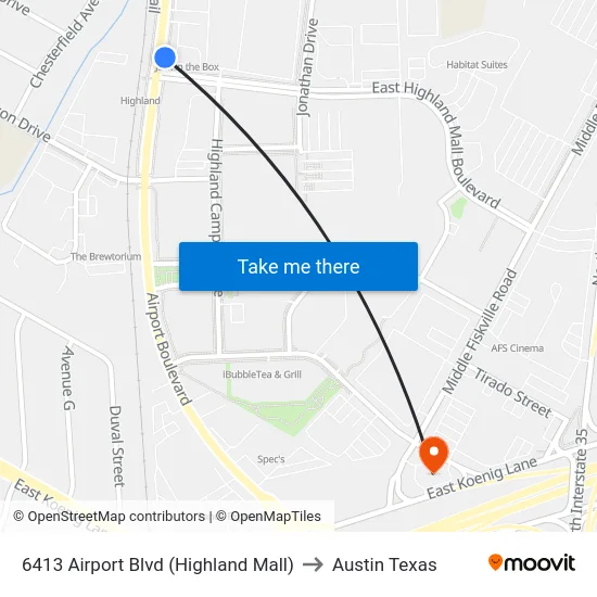 6413 Airport Blvd (Highland Mall) to Austin Texas map