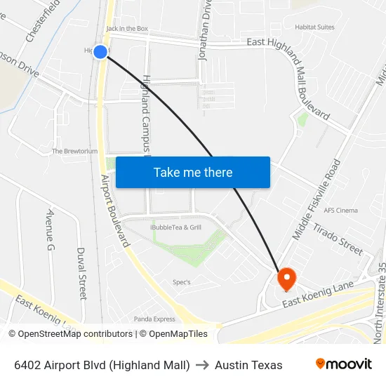 6402 Airport Blvd (Highland Mall) to Austin Texas map