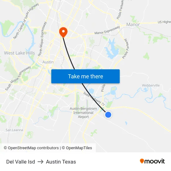 Del Valle Isd to Austin Texas map