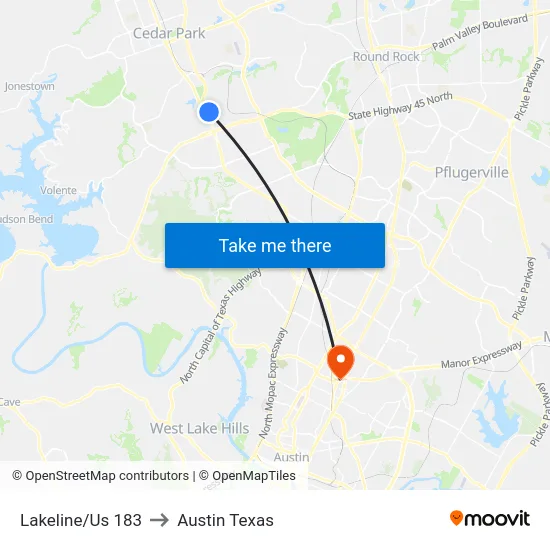 Lakeline/Us 183 to Austin Texas map