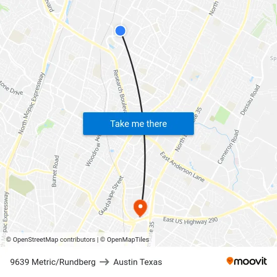 9639 Metric/Rundberg to Austin Texas map