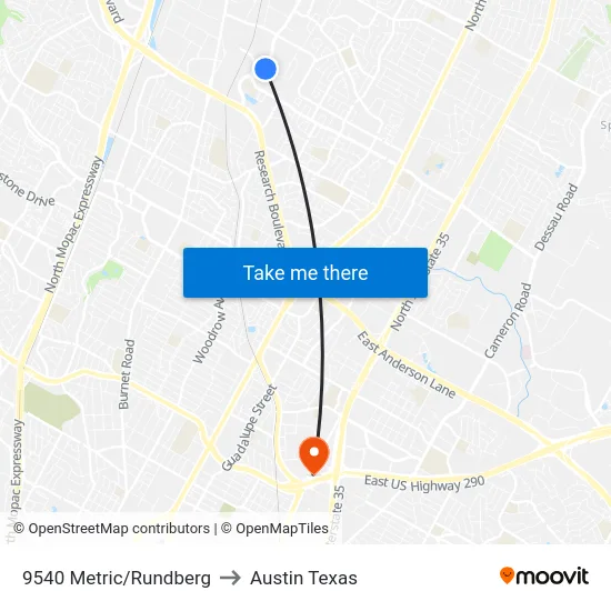 9540 Metric/Rundberg to Austin Texas map