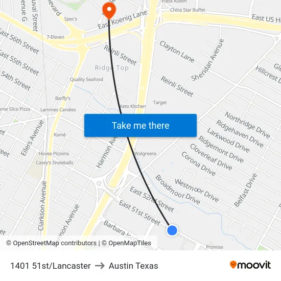1401 51st/Lancaster to Austin Texas map