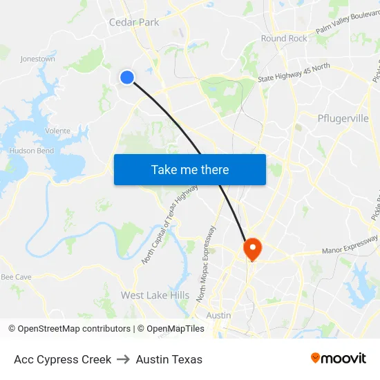 Acc Cypress Creek to Austin Texas map