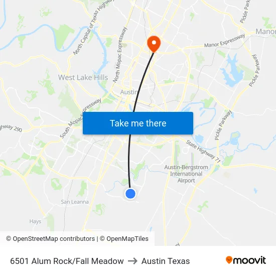 6501 Alum Rock/Fall Meadow to Austin Texas map