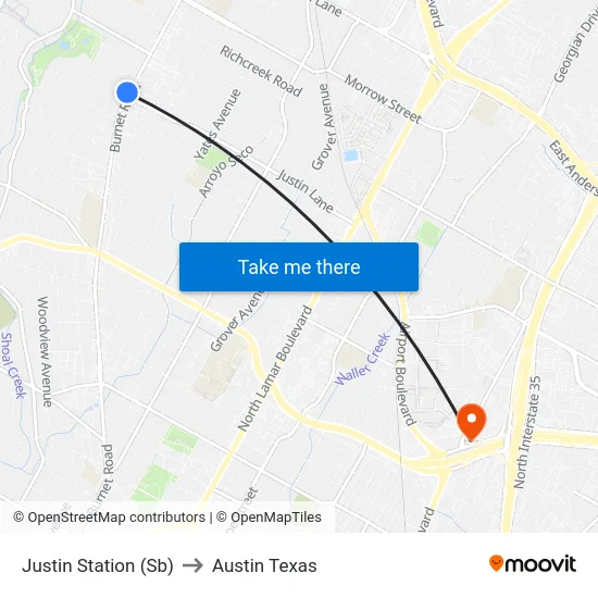 Justin Station (Sb) to Austin Texas map