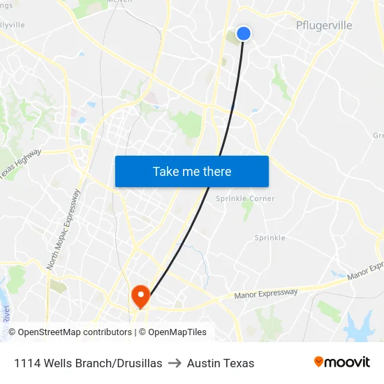 1114 Wells Branch/Drusillas to Austin Texas map