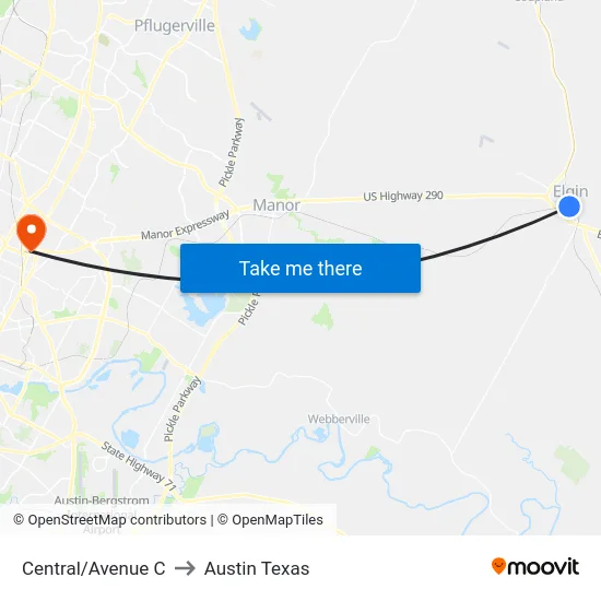 Central/Avenue C to Austin Texas map