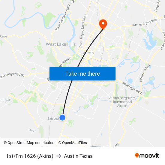 1st/Fm 1626 (Akins) to Austin Texas map