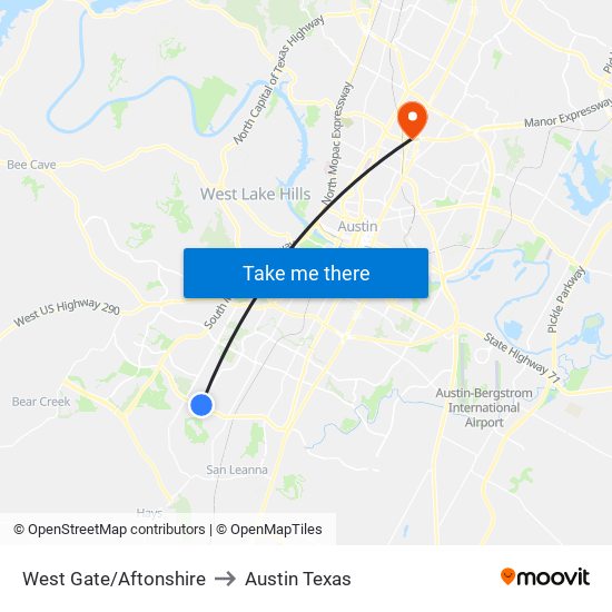 West Gate/Aftonshire to Austin Texas map